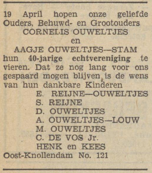Cornelis Ouweltjes en Aagje Stam 40 jaar getrouwd